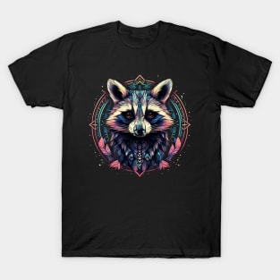 A Blue, Purple, Pink And Yellow Geometric Raccoon T-Shirt